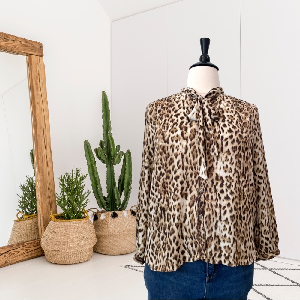 J.Crew Long Sleeve Bow Neck Tie Leopard Button Down Top
